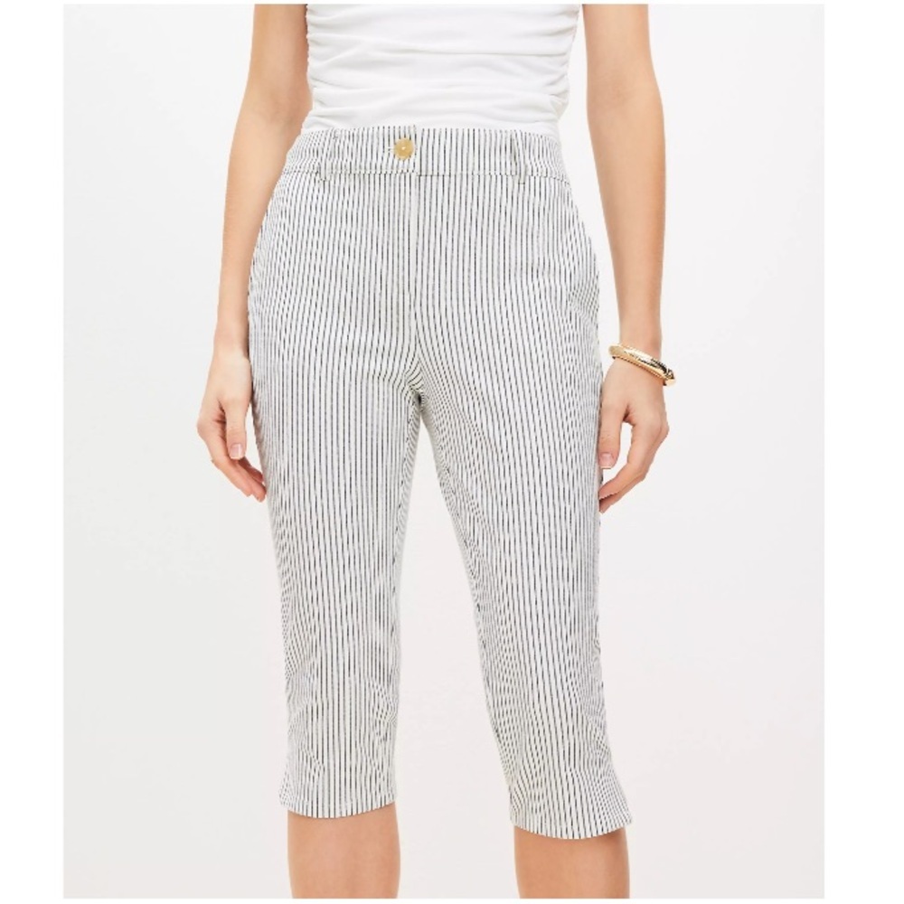 NWT Ann Taylor LOFT Striped Bi-Stretch Curvy Capri Pants Coastal White 14